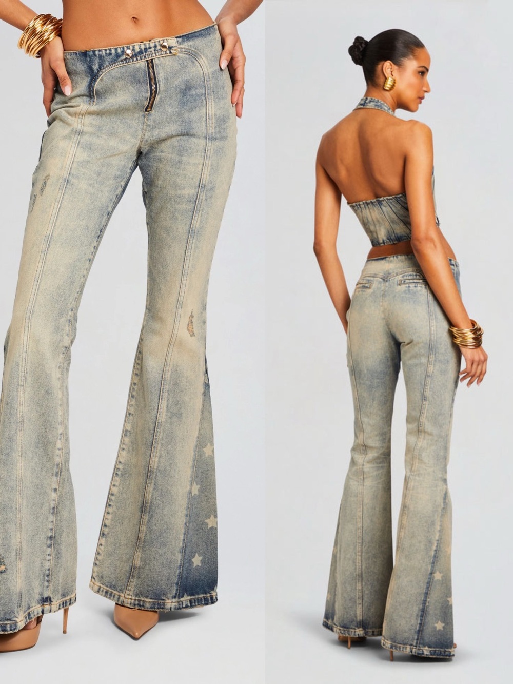 Retrofete Dream Pant Amalfi Denim Flare Jeans Star Distressed Size 26